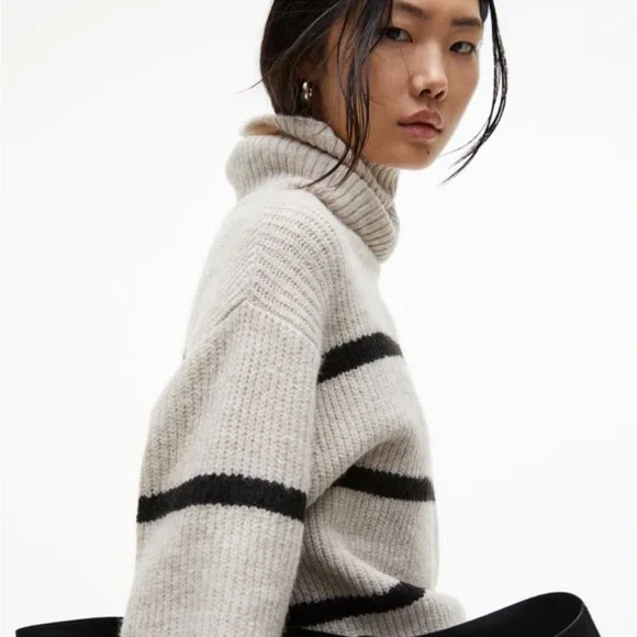 H&M cream grey oatmeal black striped turtleneck sweater size L - Picture 7 of 11